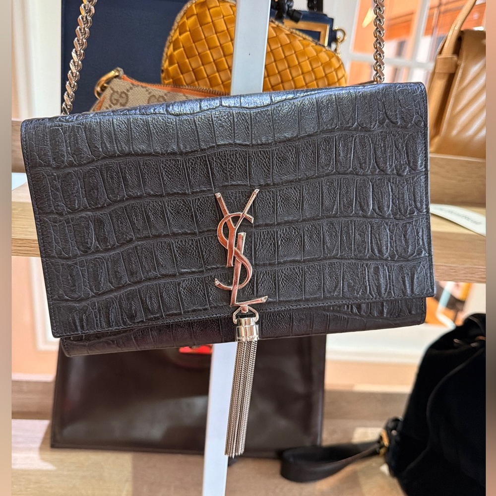 Saint Laurent Monogram Tassel Clutch in Croc-Embossed Leather in Black
